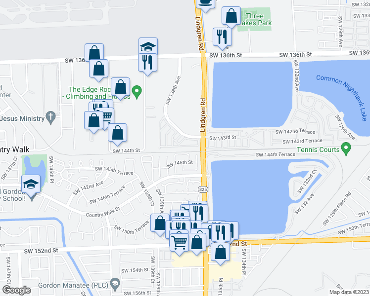 map of restaurants, bars, coffee shops, grocery stores, and more near 13732 Southwest 143rd Street in Miami