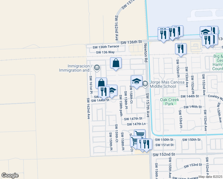 map of restaurants, bars, coffee shops, grocery stores, and more near 14303 Southwest 159th Place in Miami
