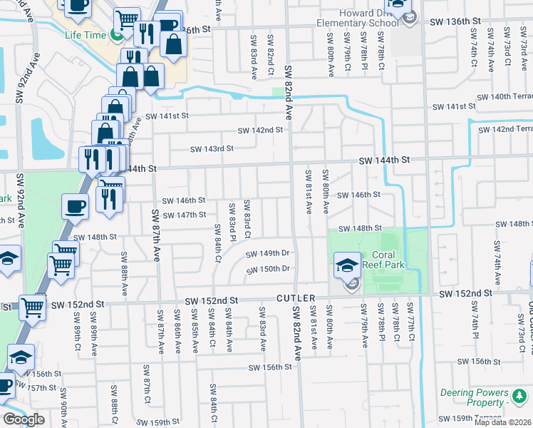 map of restaurants, bars, coffee shops, grocery stores, and more near 14701 Southwest 82nd Court in Palmetto Bay