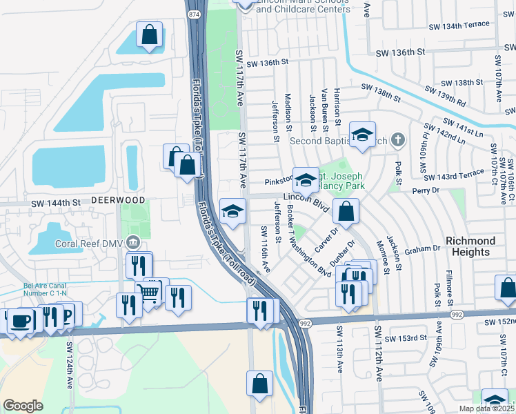 map of restaurants, bars, coffee shops, grocery stores, and more near 11635 Robinson Street in Miami