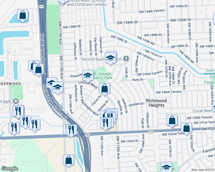 map of restaurants, bars, coffee shops, grocery stores, and more near 14500 Monroe Street in Miami