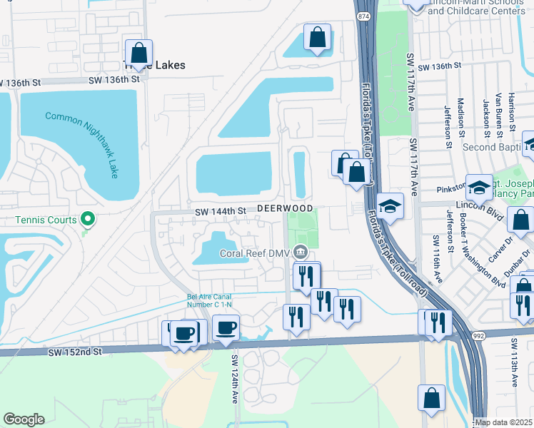 map of restaurants, bars, coffee shops, grocery stores, and more near 14455 Southwest 122nd Place in Miami