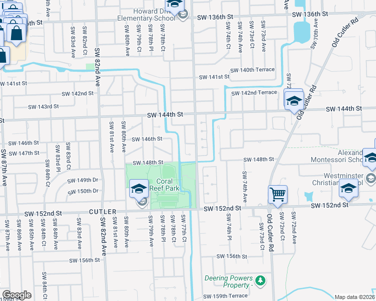 map of restaurants, bars, coffee shops, grocery stores, and more near 14978-15014 Southwest 77th Avenue in Palmetto Bay