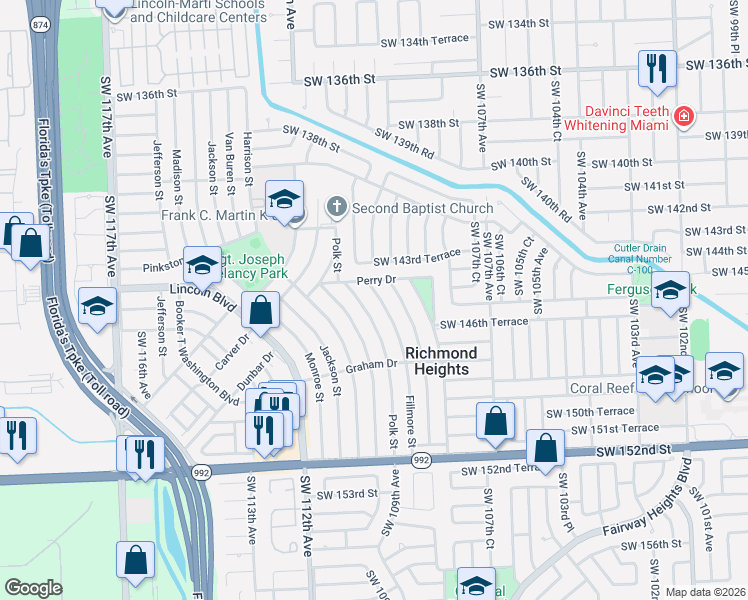 map of restaurants, bars, coffee shops, grocery stores, and more near 14601 Polk Street in Miami