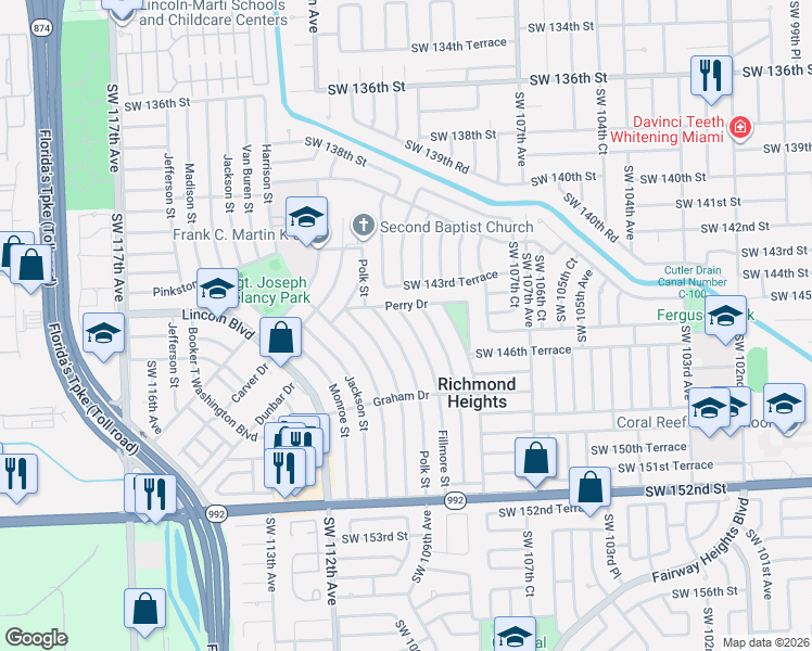 map of restaurants, bars, coffee shops, grocery stores, and more near 14601 Polk Street in Miami