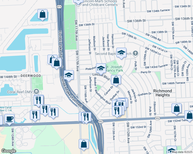 map of restaurants, bars, coffee shops, grocery stores, and more near 11437 Robinson Street in Miami