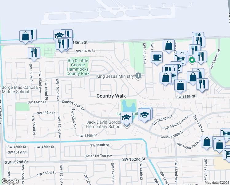map of restaurants, bars, coffee shops, grocery stores, and more near in Country Walk
