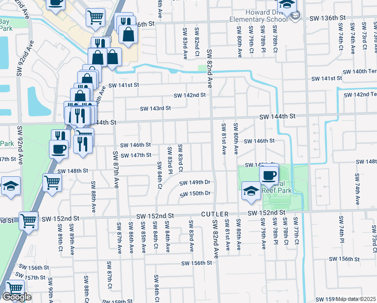 map of restaurants, bars, coffee shops, grocery stores, and more near 14701 Southwest 83rd Court in Palmetto Bay