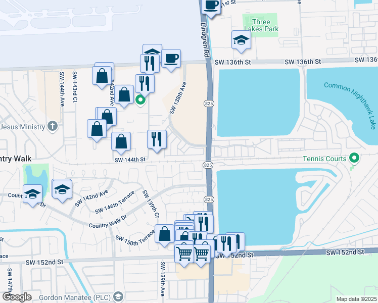map of restaurants, bars, coffee shops, grocery stores, and more near 13732 Southwest 143rd Street in Miami