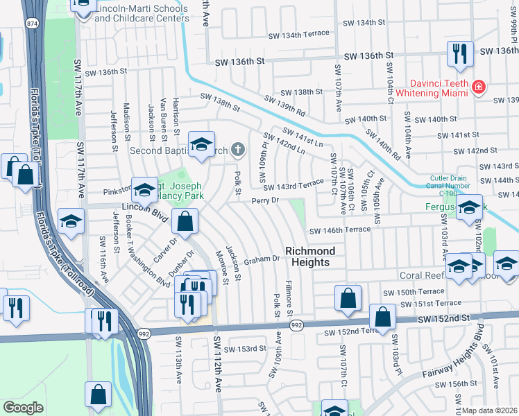 map of restaurants, bars, coffee shops, grocery stores, and more near 10925 Perry Drive in Miami