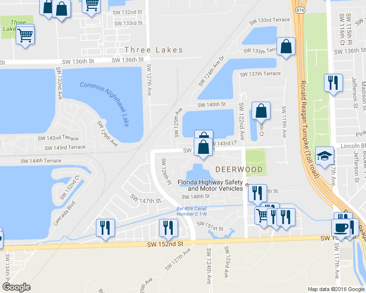 map of restaurants, bars, coffee shops, grocery stores, and more near 12470 Southwest 143rd Lane in Miami