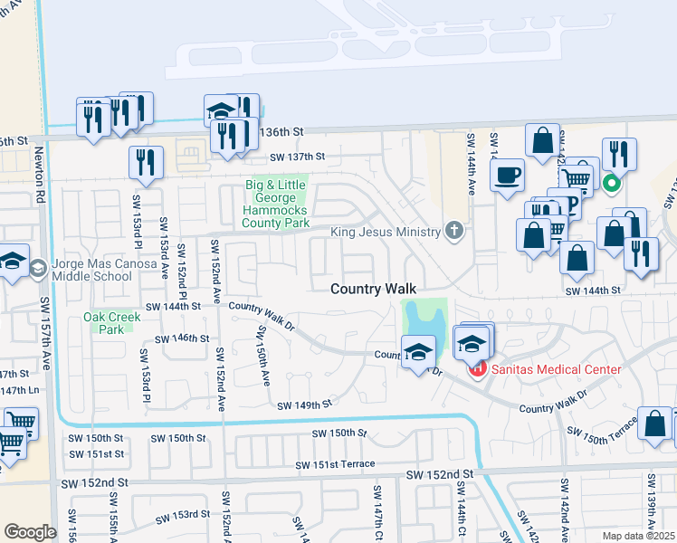 map of restaurants, bars, coffee shops, grocery stores, and more near 14790 142nd Street in Miami