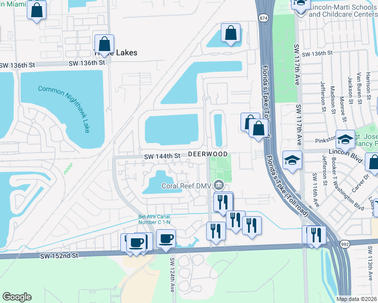 map of restaurants, bars, coffee shops, grocery stores, and more near 12271 Southwest 143rd Lane in Miami