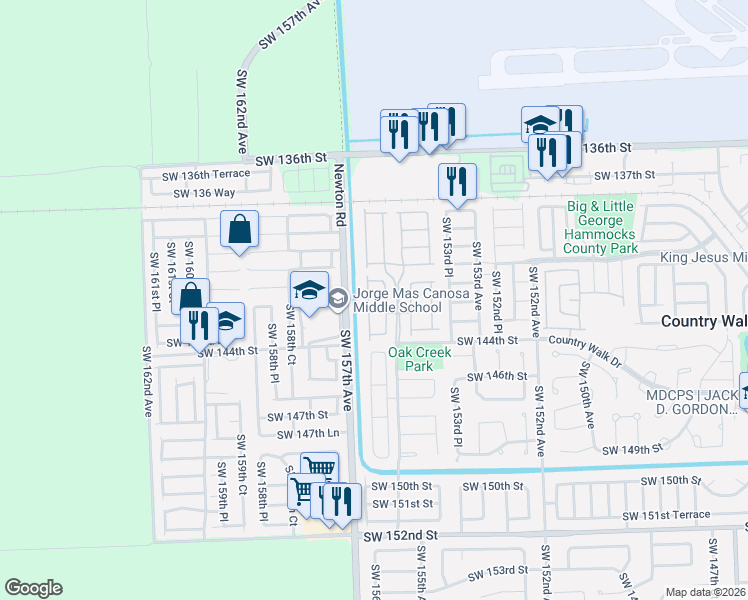 map of restaurants, bars, coffee shops, grocery stores, and more near 14156 Southwest 156th Avenue in Miami