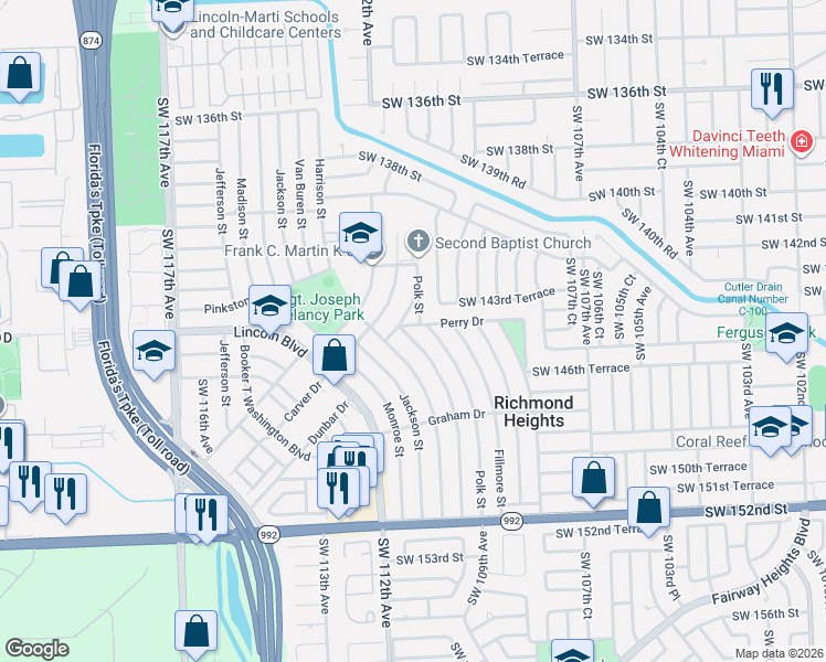 map of restaurants, bars, coffee shops, grocery stores, and more near 10995 Perry Drive in Miami
