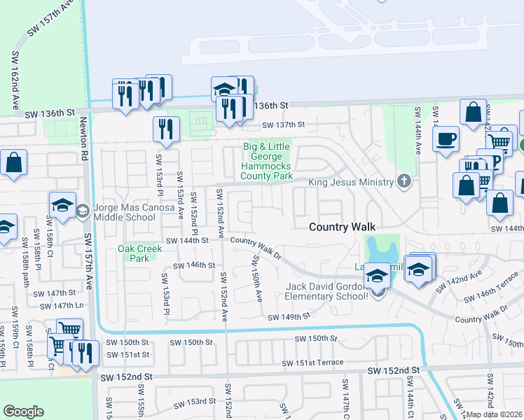 map of restaurants, bars, coffee shops, grocery stores, and more near 14964 Southwest 142nd Street in Miami