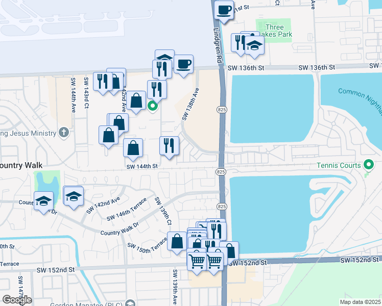 map of restaurants, bars, coffee shops, grocery stores, and more near 13860 Southwest 143rd Street in Miami
