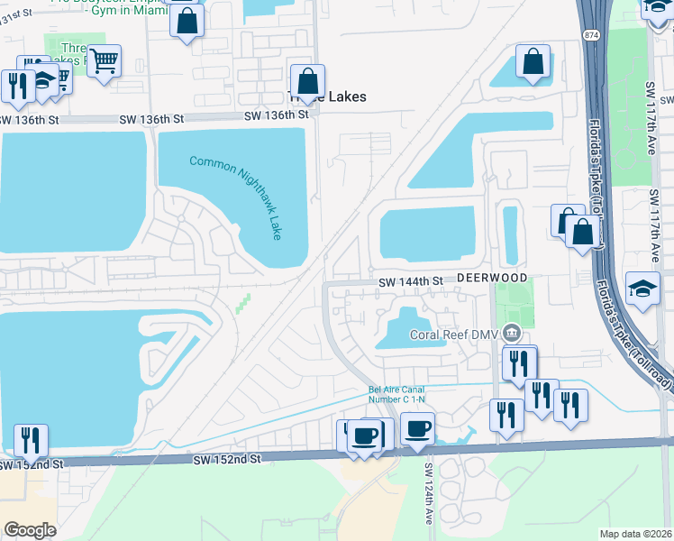map of restaurants, bars, coffee shops, grocery stores, and more near 14292 Southwest 126th Place in Miami
