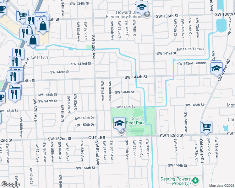 map of restaurants, bars, coffee shops, grocery stores, and more near 14545 Southwest 79th Court in Palmetto Bay