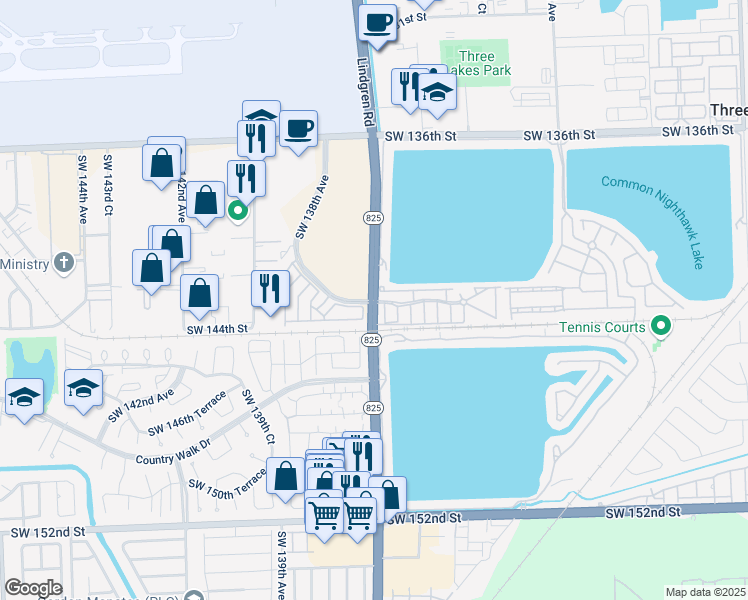 map of restaurants, bars, coffee shops, grocery stores, and more near 13860 Southwest 143rd Street in Miami