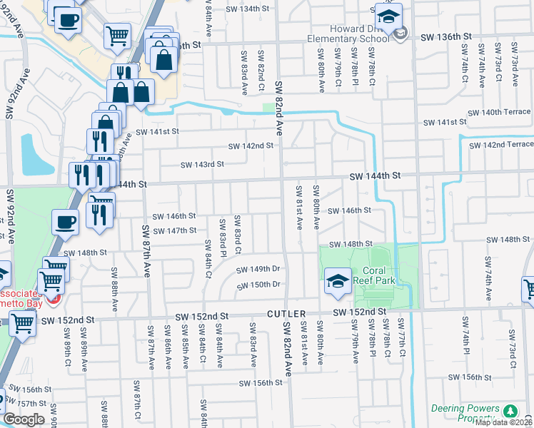 map of restaurants, bars, coffee shops, grocery stores, and more near 8241 Southwest 146th Street in Palmetto Bay