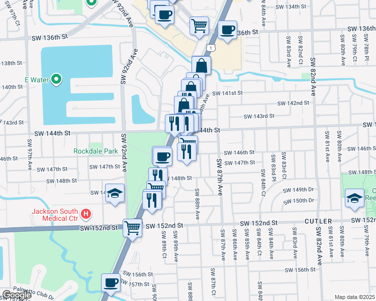 map of restaurants, bars, coffee shops, grocery stores, and more near 14500 Southwest 88th Avenue in Palmetto Bay