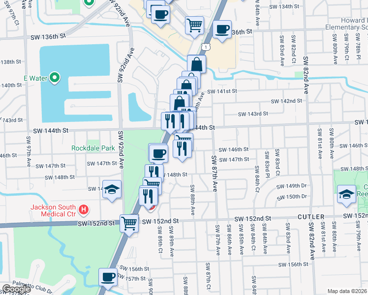 map of restaurants, bars, coffee shops, grocery stores, and more near 14500 Southwest 88th Avenue in Palmetto Bay
