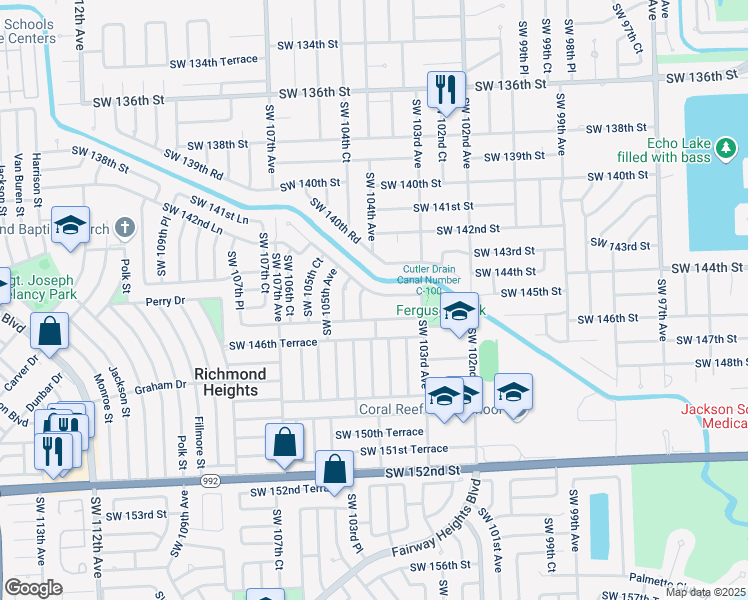 map of restaurants, bars, coffee shops, grocery stores, and more near 10400 Southwest 145th Street in Miami