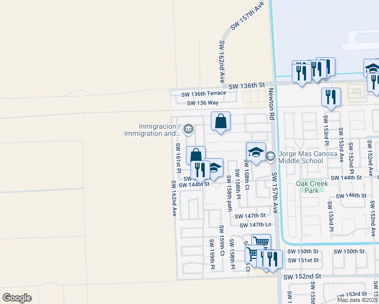 map of restaurants, bars, coffee shops, grocery stores, and more near 14131 Southwest 160th Court in Miami