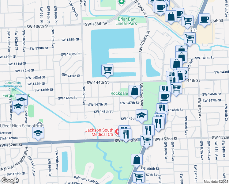 map of restaurants, bars, coffee shops, grocery stores, and more near 14441 Southwest 94th Avenue in Miami