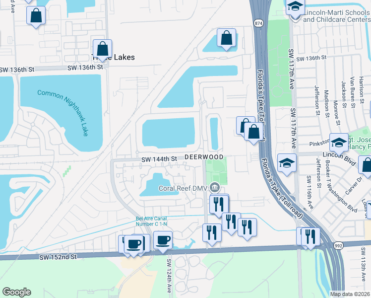 map of restaurants, bars, coffee shops, grocery stores, and more near 12271 Southwest 143rd Lane in Miami
