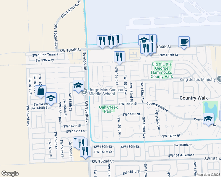 map of restaurants, bars, coffee shops, grocery stores, and more near 14121 Southwest 154th Court in Miami