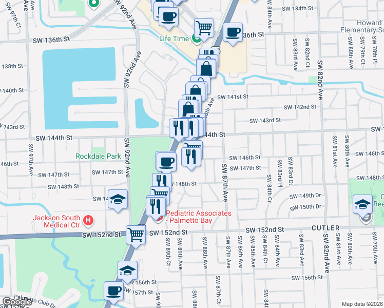 map of restaurants, bars, coffee shops, grocery stores, and more near 14500 Southwest 88th Avenue in Palmetto Bay