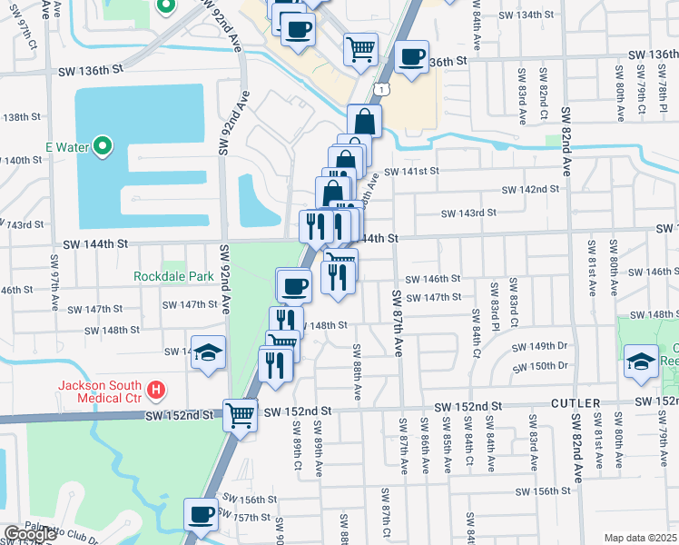 map of restaurants, bars, coffee shops, grocery stores, and more near 14500 Southwest 88th Avenue in Palmetto Bay