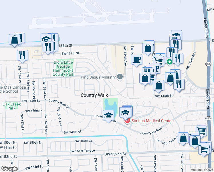 map of restaurants, bars, coffee shops, grocery stores, and more near 14552 Southwest 142 Terrace in Miami