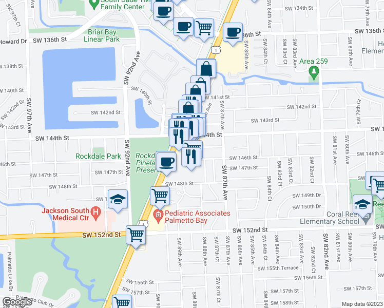 map of restaurants, bars, coffee shops, grocery stores, and more near 14500 Southwest 88th Avenue in Palmetto Bay