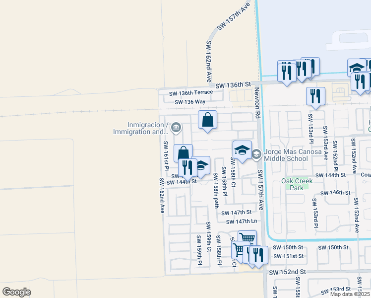 map of restaurants, bars, coffee shops, grocery stores, and more near 14131 Southwest 160th Court in Miami