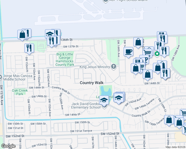 map of restaurants, bars, coffee shops, grocery stores, and more near 14221 Southwest 147th Place in Miami