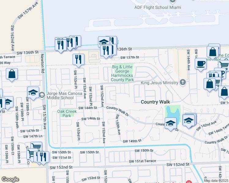 map of restaurants, bars, coffee shops, grocery stores, and more near 14164 Southwest 150th Avenue in Miami