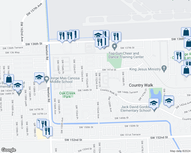 map of restaurants, bars, coffee shops, grocery stores, and more near 15200 Southwest 141st Terrace in Miami