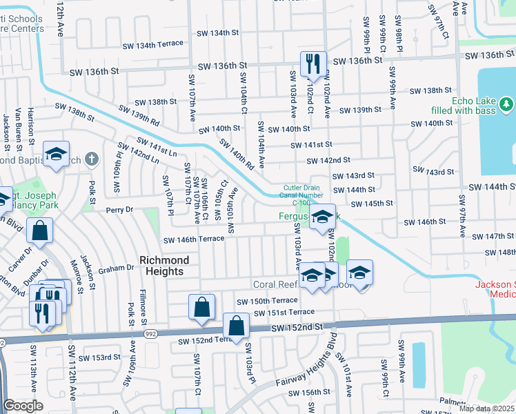 map of restaurants, bars, coffee shops, grocery stores, and more near 10400 Southwest 145th Street in Miami