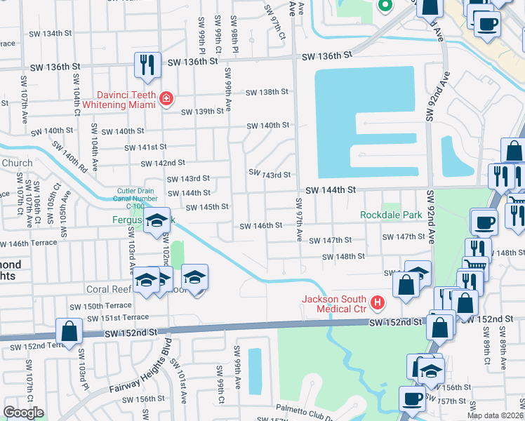 map of restaurants, bars, coffee shops, grocery stores, and more near 9780 Southwest 145th Street in Miami