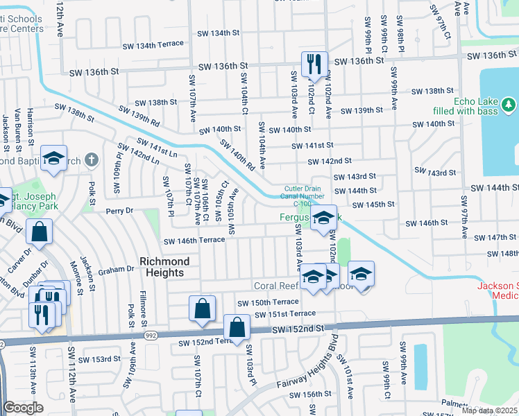 map of restaurants, bars, coffee shops, grocery stores, and more near 10400 Southwest 145th Street in Miami