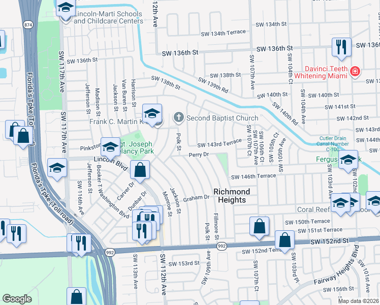 map of restaurants, bars, coffee shops, grocery stores, and more near 10925 Perry Drive in Miami