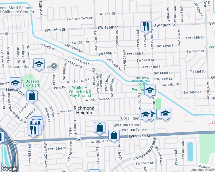map of restaurants, bars, coffee shops, grocery stores, and more near 14514 Southwest 105th Court in Miami