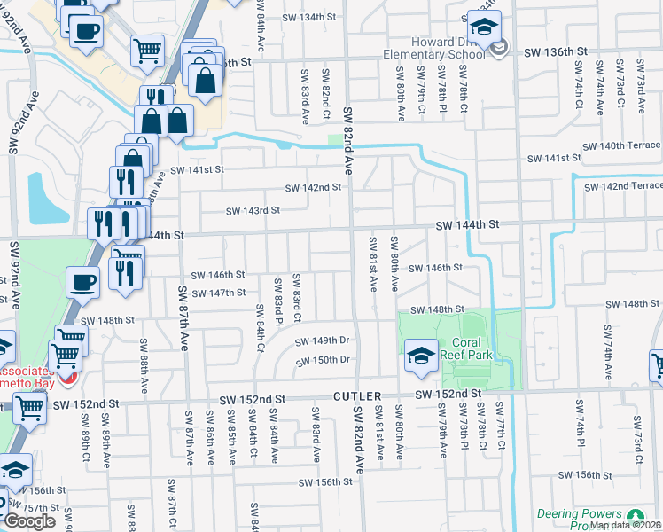 map of restaurants, bars, coffee shops, grocery stores, and more near 8241 Southwest 146th Street in Palmetto Bay