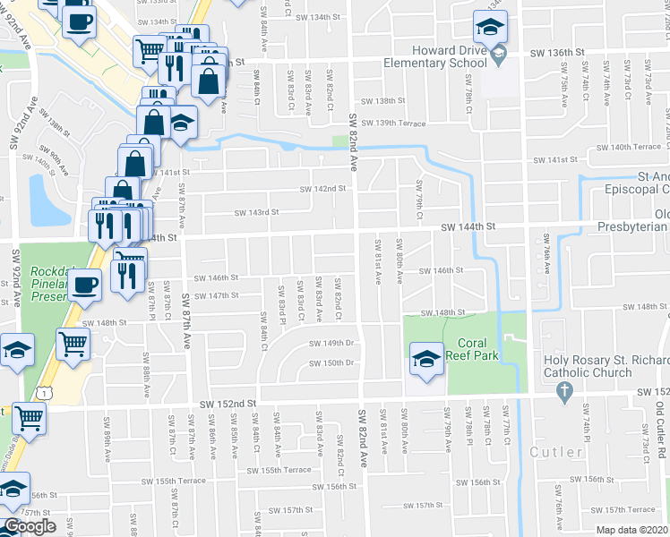 map of restaurants, bars, coffee shops, grocery stores, and more near 8241 Southwest 146th Street in Palmetto Bay