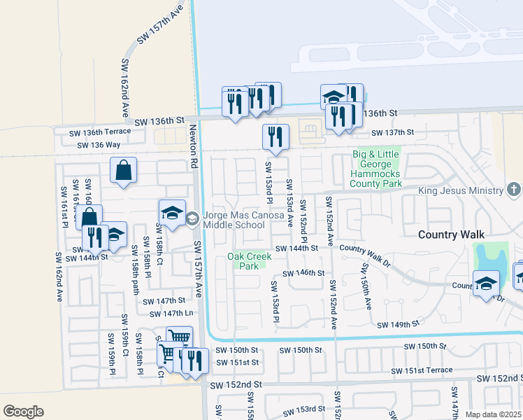 map of restaurants, bars, coffee shops, grocery stores, and more near 14121 Southwest 154th Court in Miami