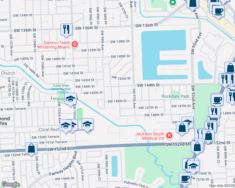 map of restaurants, bars, coffee shops, grocery stores, and more near 9780 Southwest 145th Street in Miami