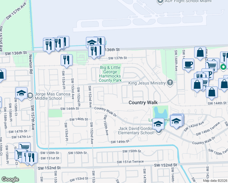 map of restaurants, bars, coffee shops, grocery stores, and more near 14159 Southwest 149th Court in Miami